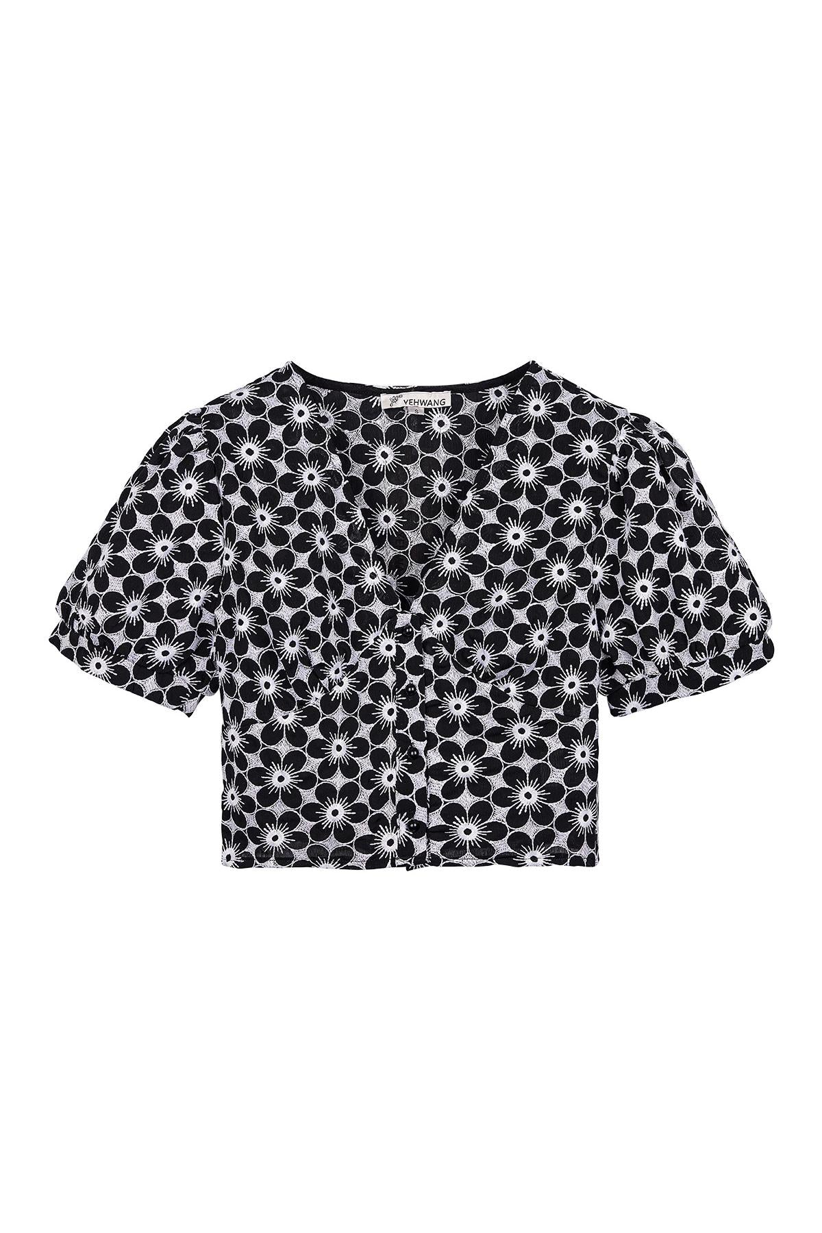 Flamenco Croptop Las Flores | Zwart-Wit Bloemen